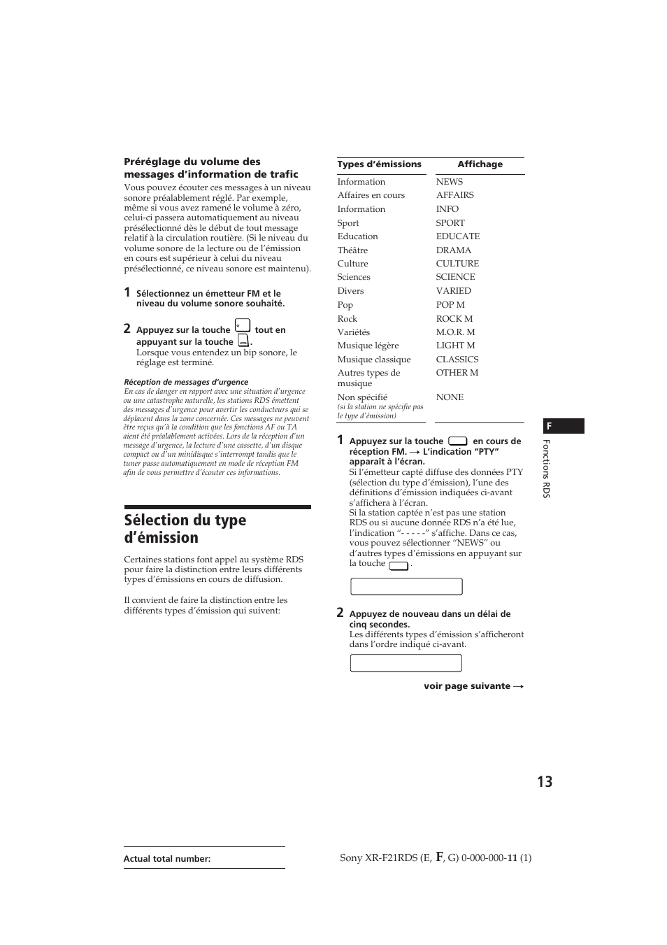 Sélection du type d’émission, Nfo i, Por s t | Sony XR-F21RDS User Manual | Page 41 / 90