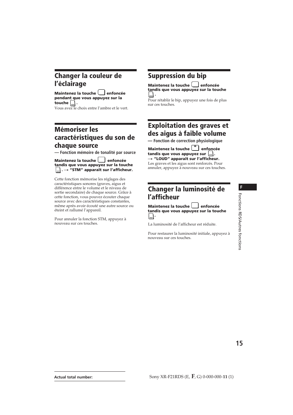 Suppression du bip, Changer la luminosité de l’afficheur, Changer la couleur de l’éclairage | Sony XR-F21RDS User Manual | Page 43 / 90