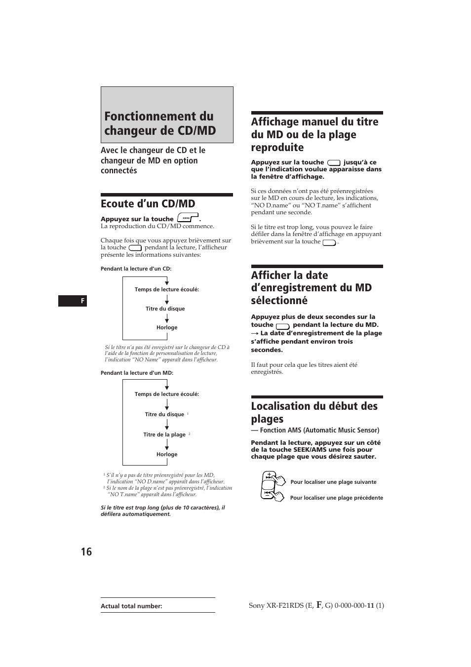 Fonctionnement du changeur de cd/md, Localisation du début des plages, Ecoute d’un cd/md | Sony XR-F21RDS User Manual | Page 44 / 90