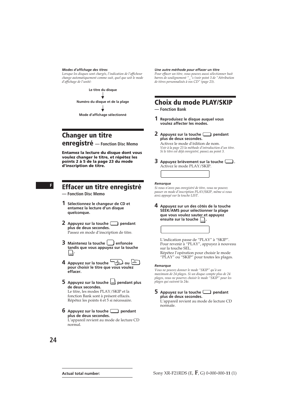 Choix du mode play/skip, Changer un titre enregistré, Effacer un titre enregistré | 3 sk i p, 1 play | Sony XR-F21RDS User Manual | Page 52 / 90
