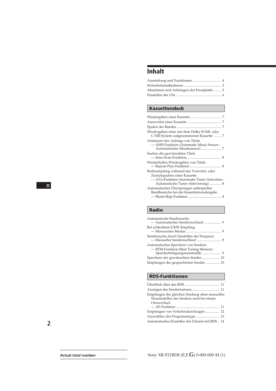 Inhalt | Sony XR-F21RDS User Manual | Page 59 / 90
