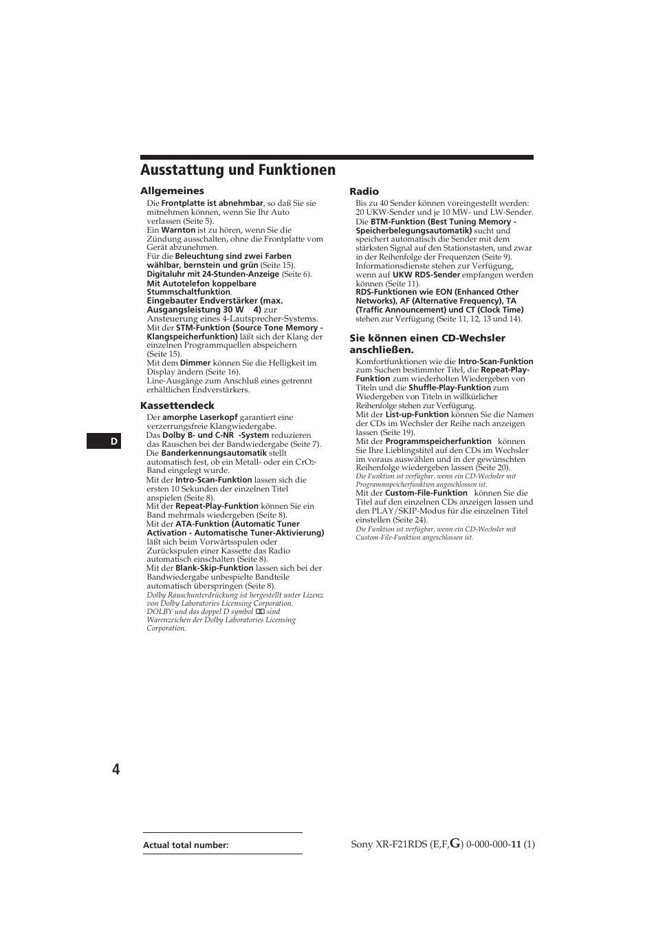 Ausstattung und funktionen | Sony XR-F21RDS User Manual | Page 61 / 90