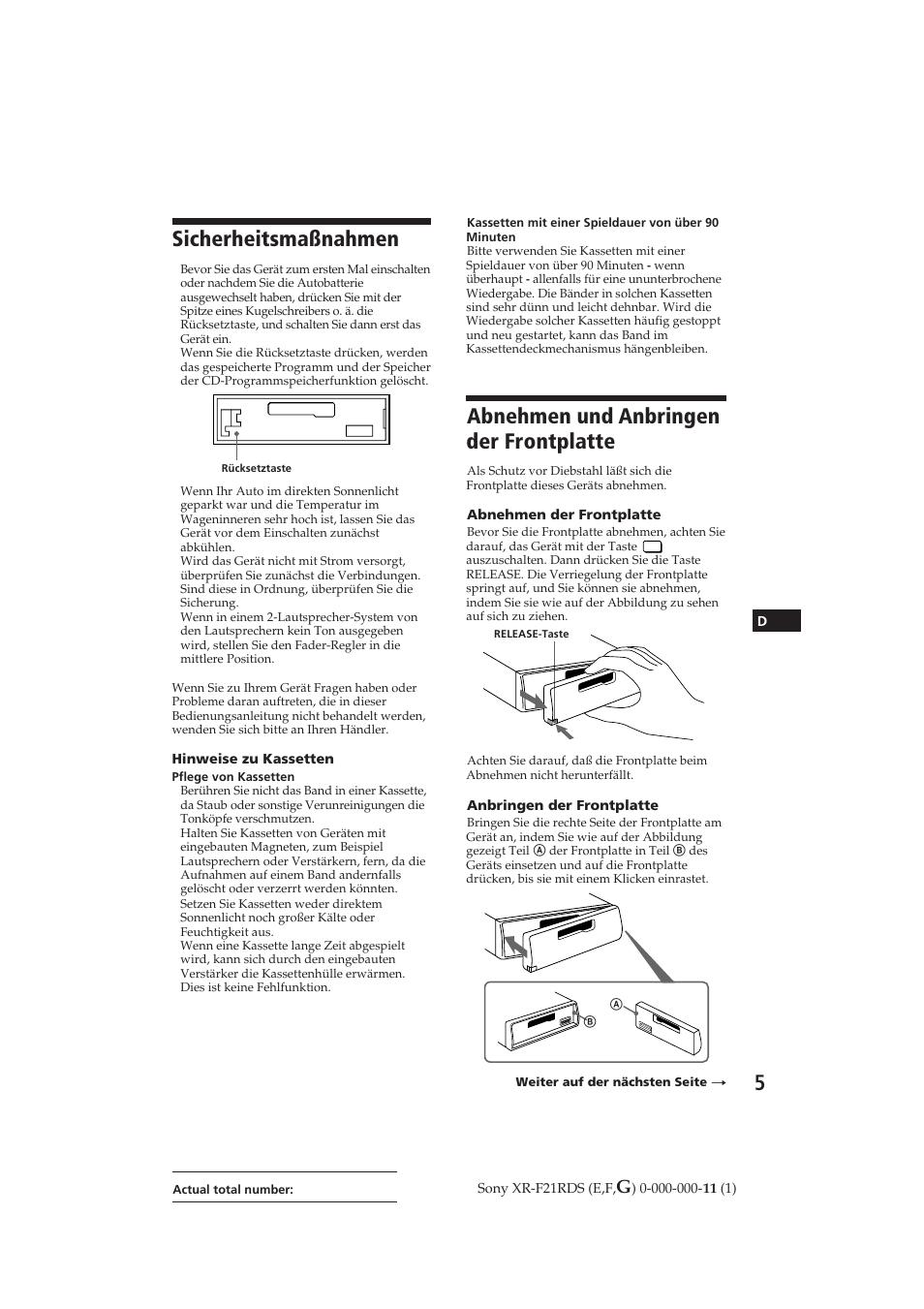 Abnehmen und anbringen der frontplatte, Sicherheitsmaßnahmen | Sony XR-F21RDS User Manual | Page 62 / 90