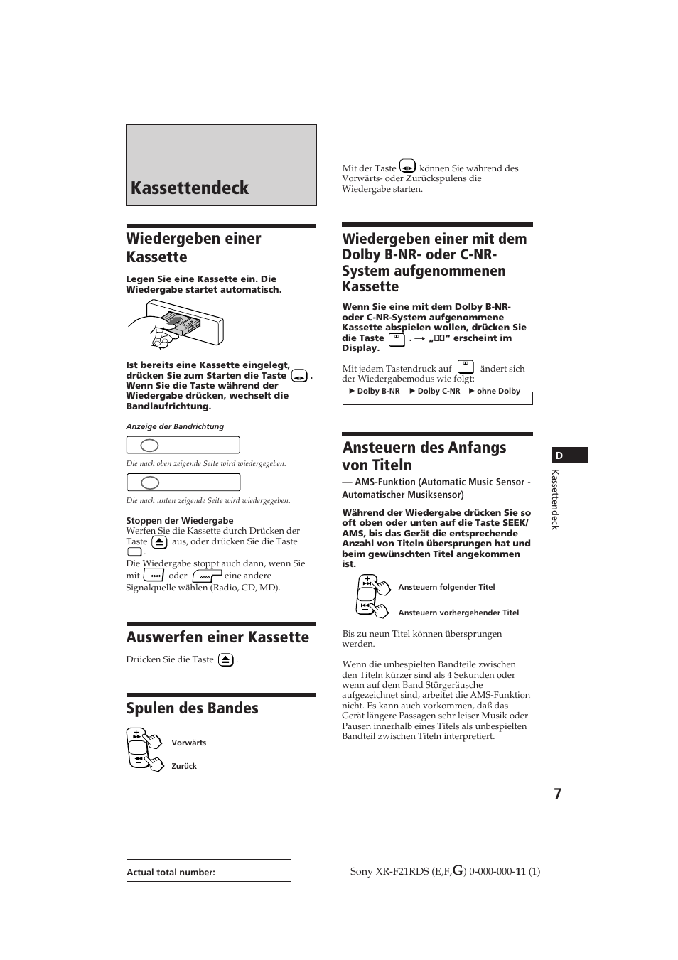 Kassettendeck, Wiedergeben einer kassette, Auswerfen einer kassette | Spulen des bandes, Ansteuern des anfangs von titeln, Play | Sony XR-F21RDS User Manual | Page 64 / 90
