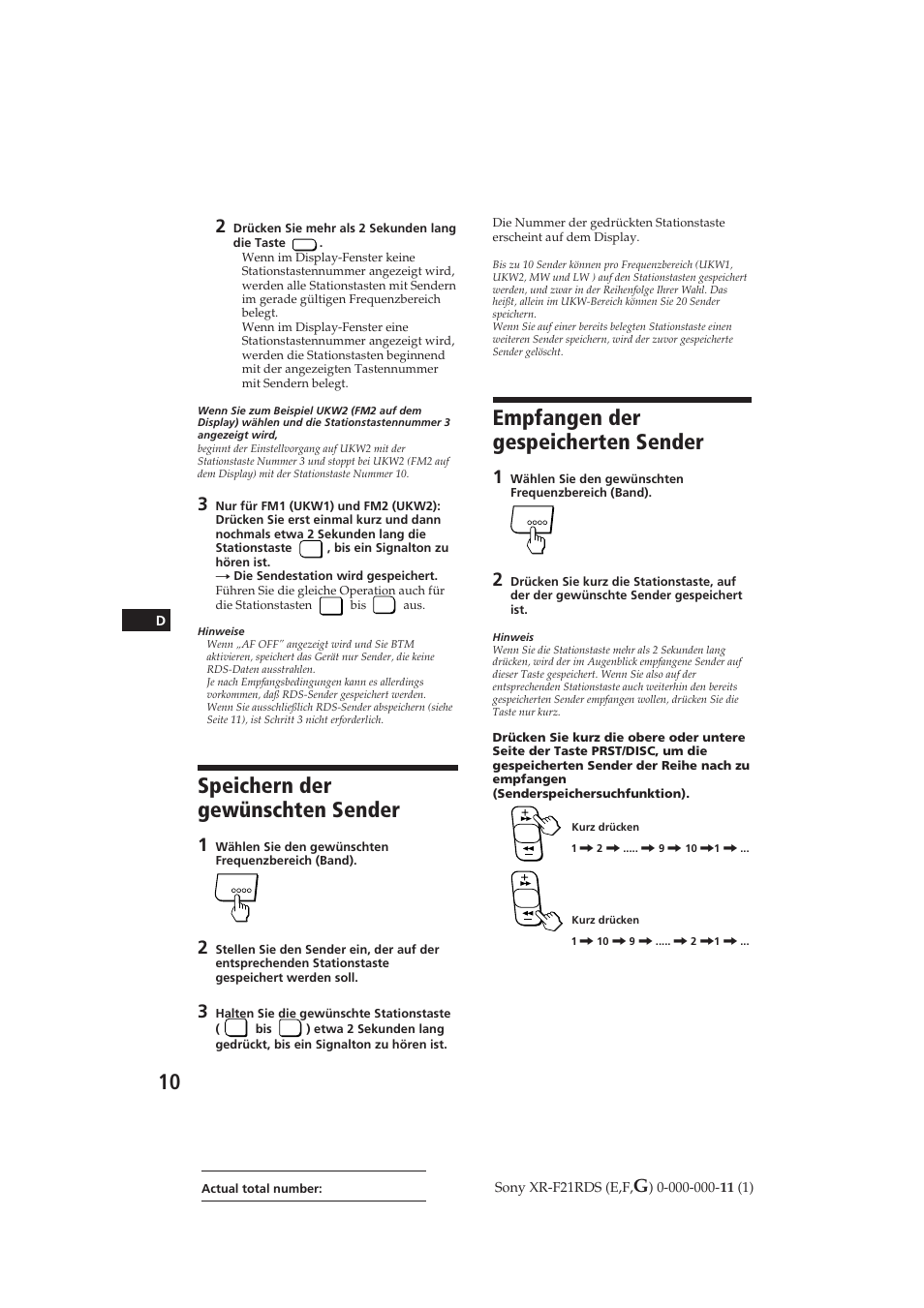 Empfangen der gespeicherten sender, Speichern der gewünschten sender | Sony XR-F21RDS User Manual | Page 67 / 90