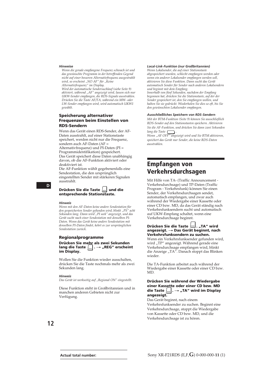 Empfangen von verkehrsdurchsagen | Sony XR-F21RDS User Manual | Page 69 / 90