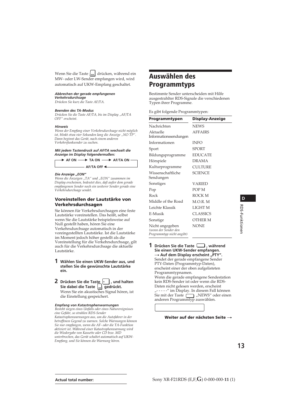 Auswählen des programmtyps, Nfo i | Sony XR-F21RDS User Manual | Page 70 / 90