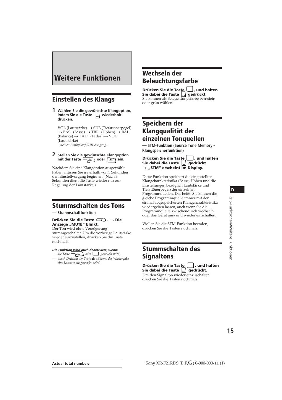 Weitere funktionen, Einstellen des klangs, Stummschalten des tons | Wechseln der beleuchtungsfarbe, Stummschalten des signaltons | Sony XR-F21RDS User Manual | Page 72 / 90