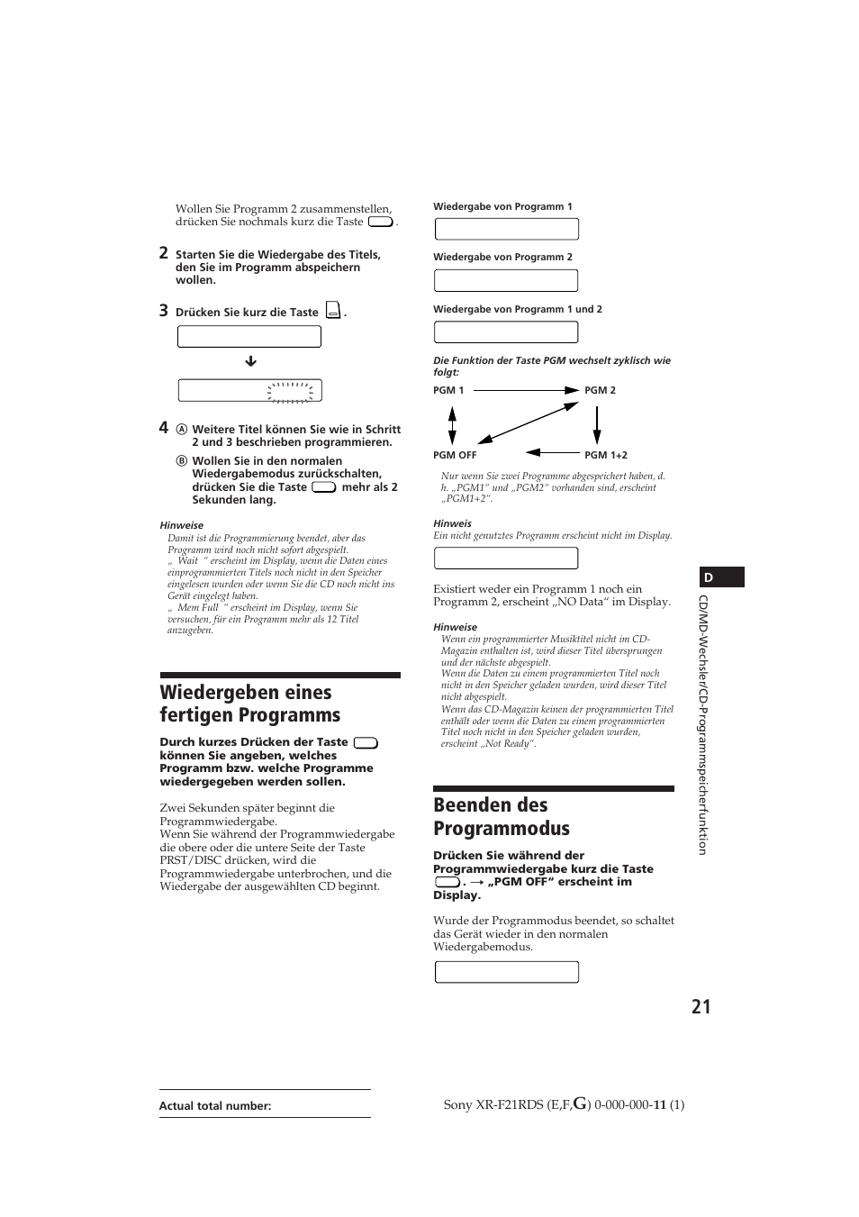 Beenden des programmodus, Wiedergeben eines fertigen programms, Pgm 1 | Pgm 2, Pgm 1+2, En t + er, No da t a pgm off | Sony XR-F21RDS User Manual | Page 78 / 90