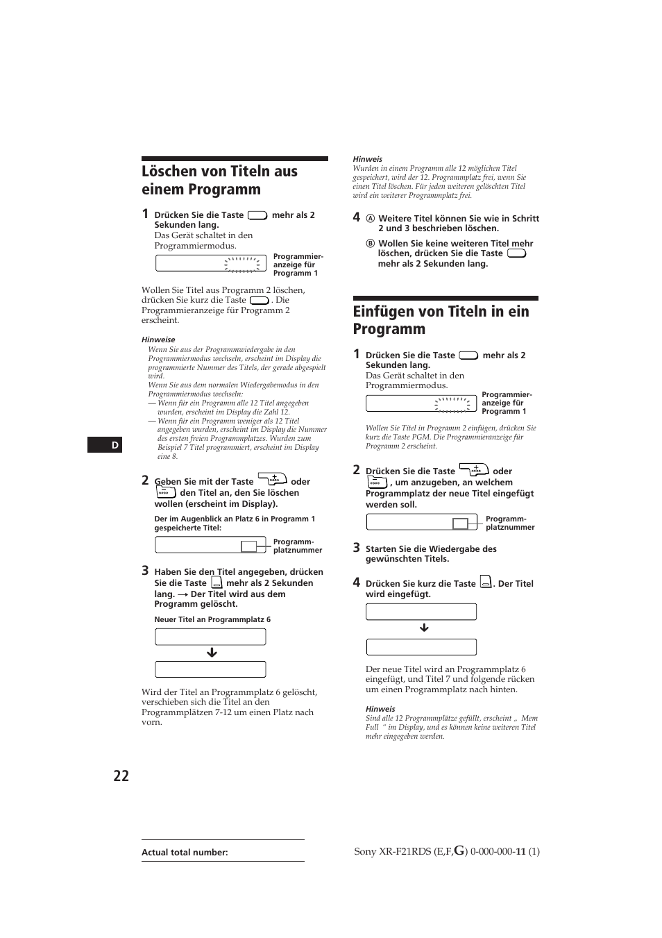 Einfügen von titeln in ein programm, Löschen von titeln aus einem programm, 10 p 6 | En t + er | Sony XR-F21RDS User Manual | Page 79 / 90