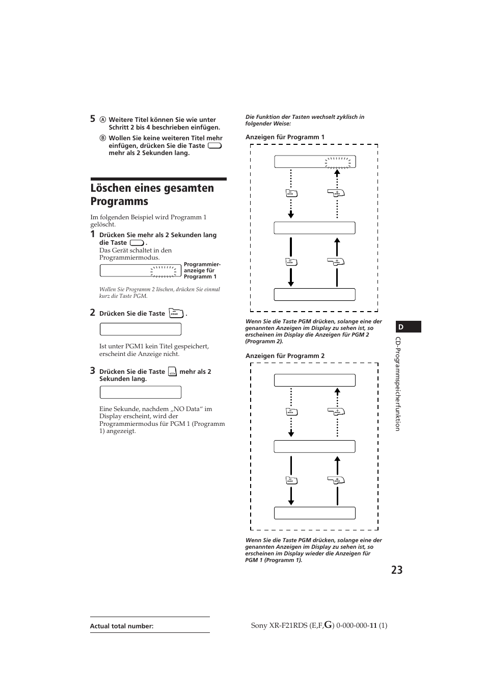 Löschen eines gesamten programms, Pgm –– 1, Pgm –– 2 | No da t a | Sony XR-F21RDS User Manual | Page 80 / 90