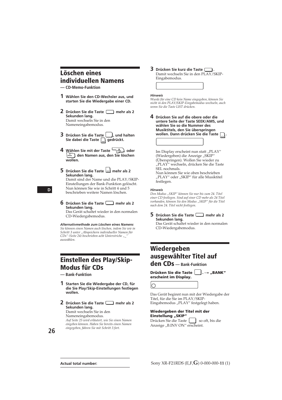 Wiedergeben ausgewählter titel auf den cds, Löschen eines individuellen namens, Einstellen des play/skip- modus für cds | 3 sk i p, Bk o an n, 1 play | Sony XR-F21RDS User Manual | Page 83 / 90