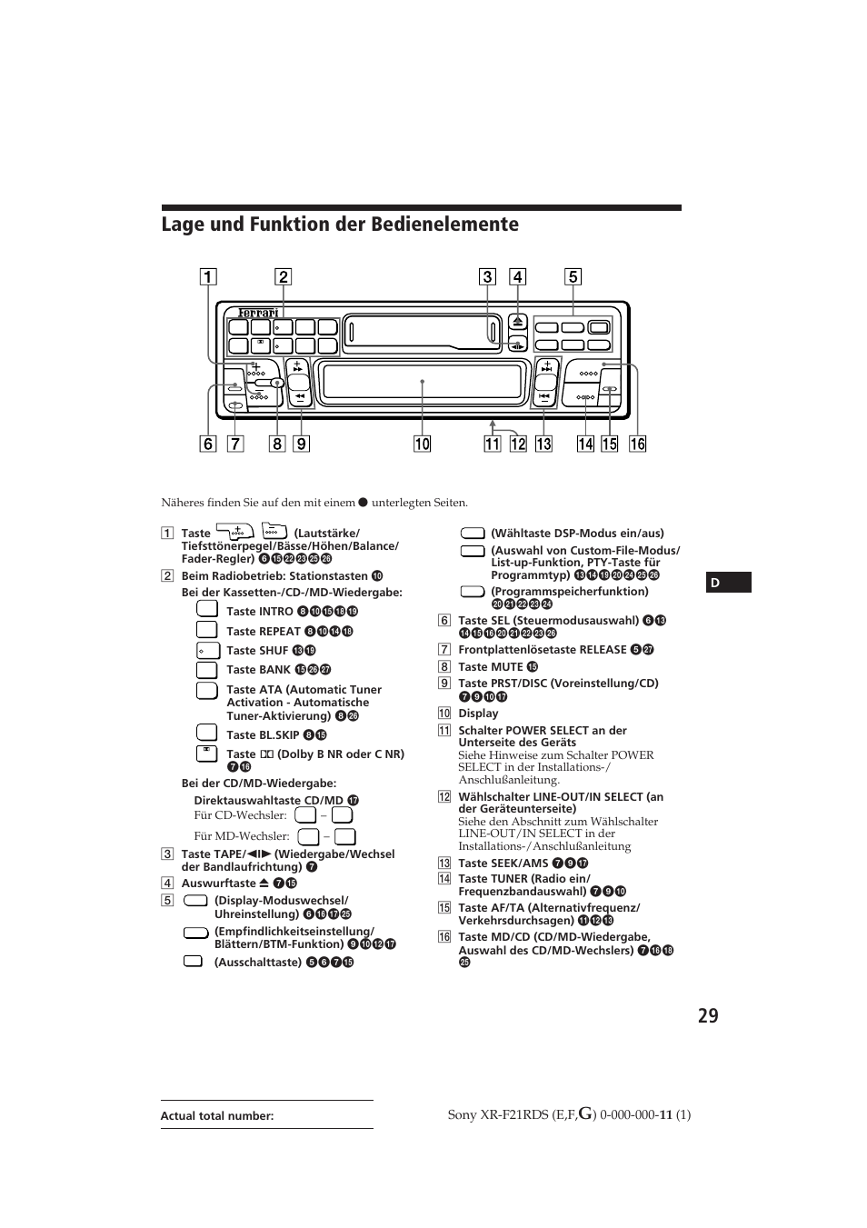 Lage und funktion der bedienelemente, Sony xr-f21rds (e,f | Sony XR-F21RDS User Manual | Page 86 / 90
