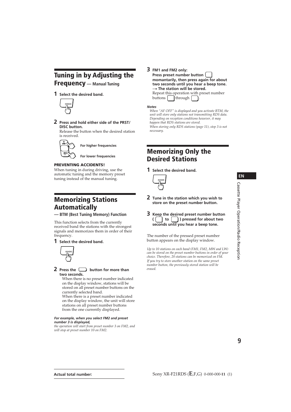 Tuning in by adjusting the frequency | Sony XR-F21RDS User Manual | Page 9 / 90