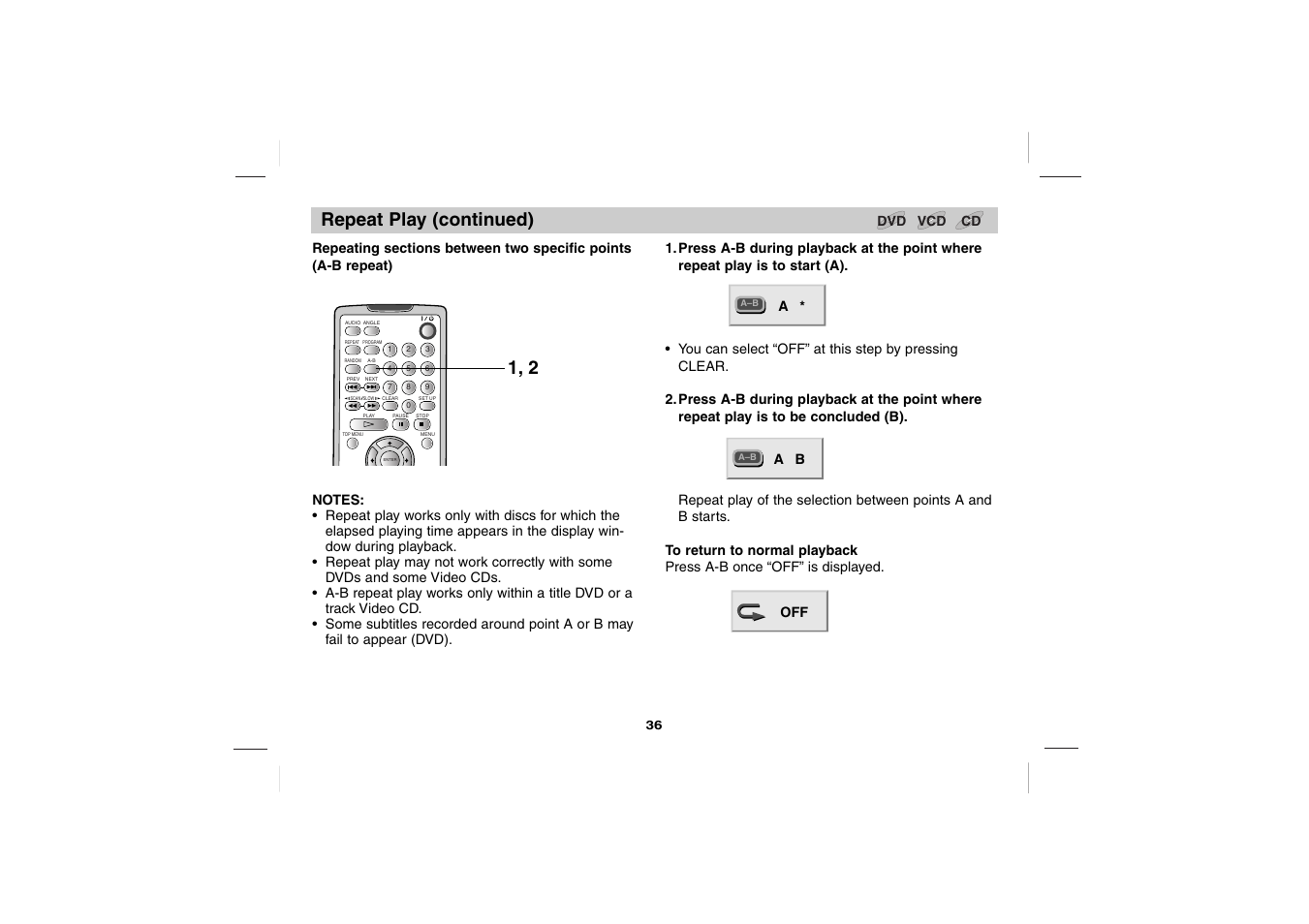 Repeat play (continued) | Sony DVP-FX701 User Manual | Page 36 / 72