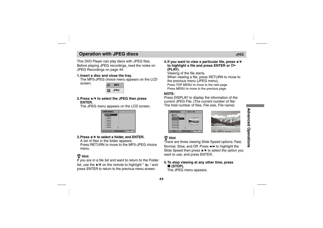 Operation with jpeg discs, Ad v anced operations | Sony DVP-FX701 User Manual | Page 43 / 72