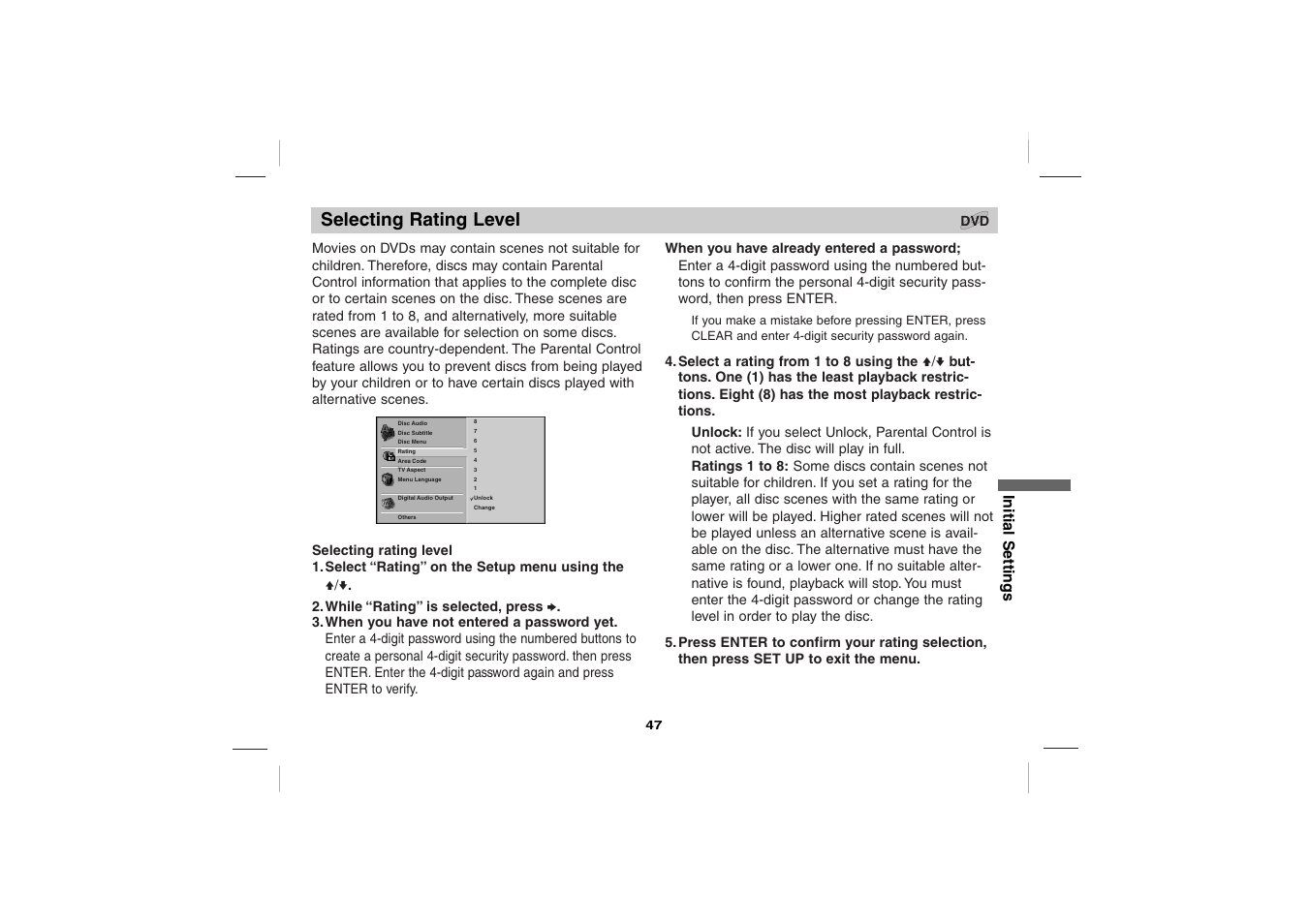 Selecting rating level, Initial settings | Sony DVP-FX701 User Manual | Page 47 / 72