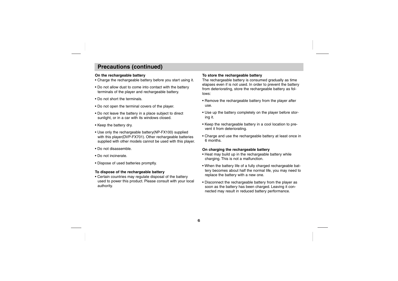 Precautions (continued) | Sony DVP-FX701 User Manual | Page 6 / 72