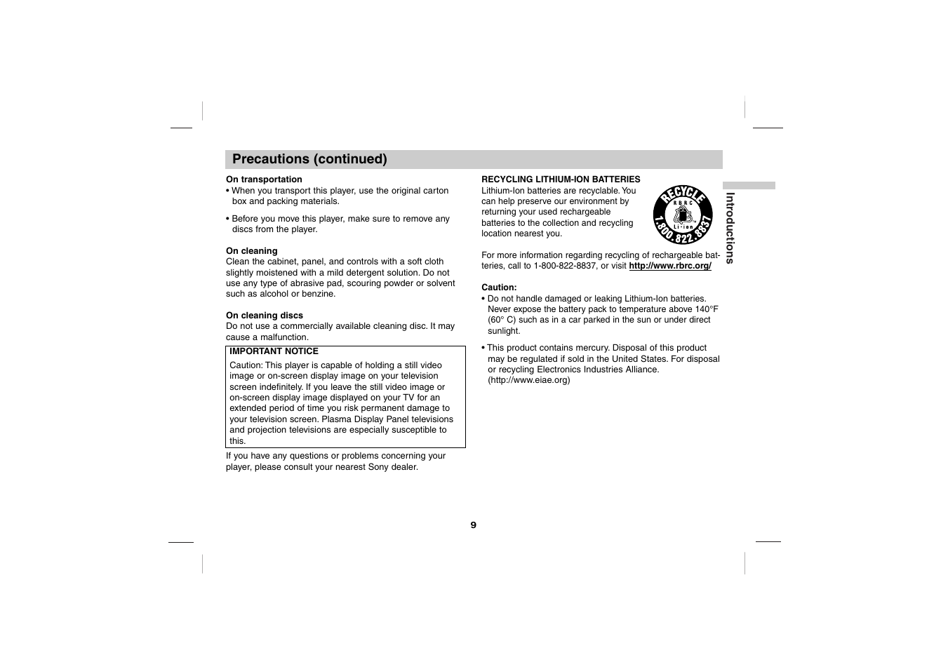 Precautions (continued) | Sony DVP-FX701 User Manual | Page 9 / 72