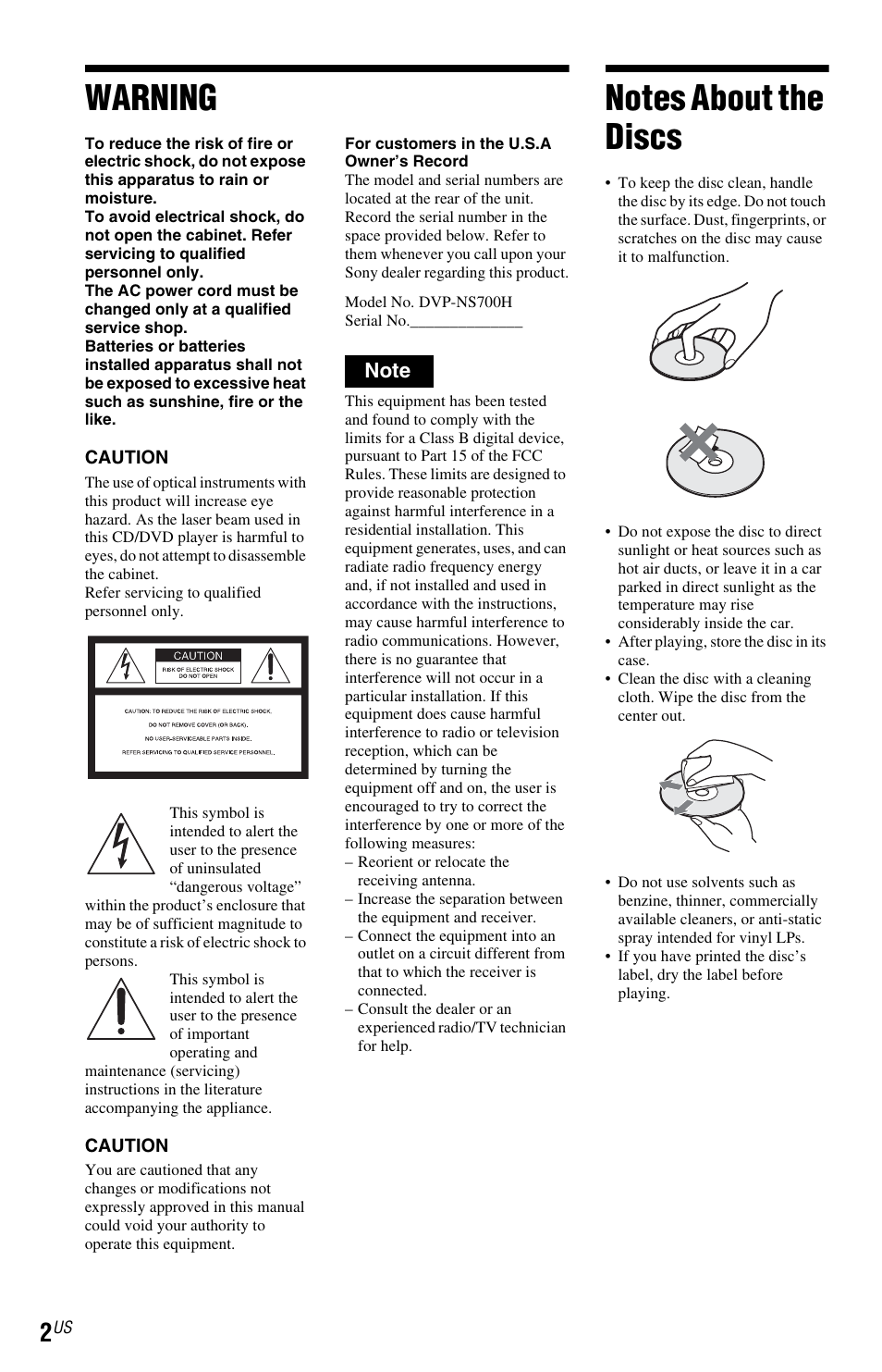 L1ac - warning, L1 - notes about the discs, Warning | Sony DVP-NS700H User Manual | Page 2 / 88