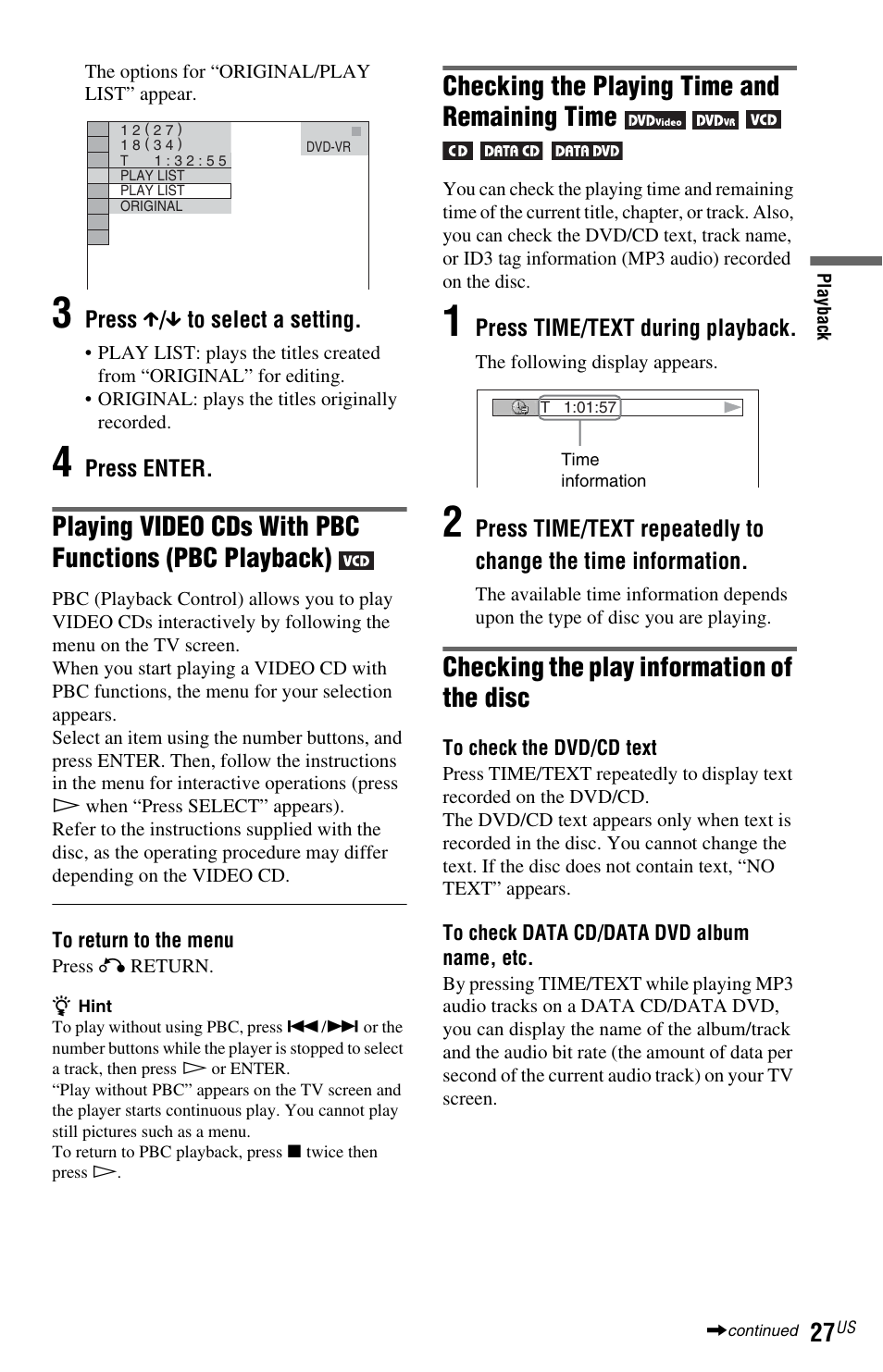 E (27), Time/text button (27), Checking the playing time and remaining time | Checking the play information of the disc | Sony DVP-NS700H User Manual | Page 27 / 88