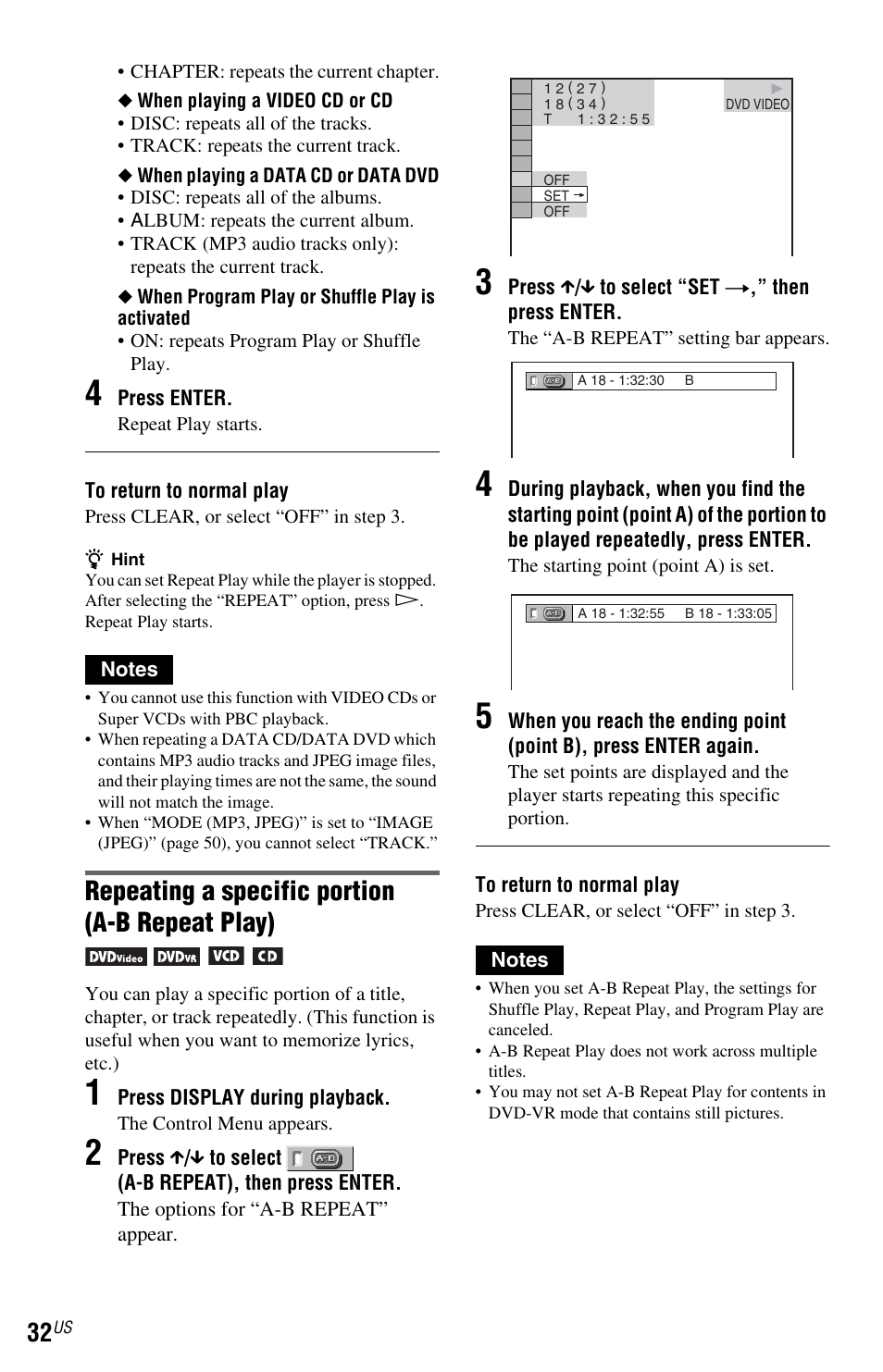 Repeating a specific portion (a-b repeat play) | Sony DVP-NS700H User Manual | Page 32 / 88