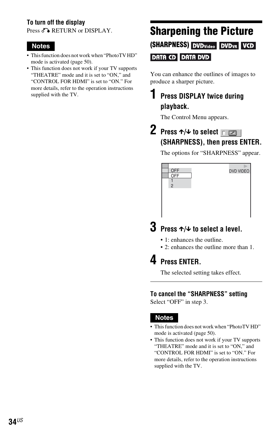 L1 - sharpening the picture (sharpness), Sharpening the picture (sh, Sharpening the picture | Sony DVP-NS700H User Manual | Page 34 / 88