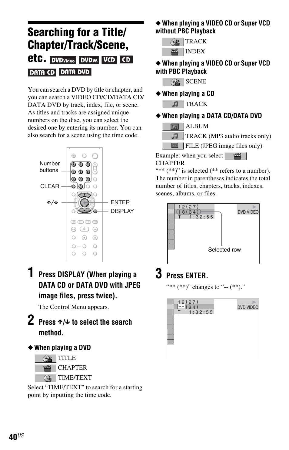 Searching for a title/chapter/track/scene, etc, Searching for a title/ chapter/track/scene, etc | Sony DVP-NS700H User Manual | Page 40 / 88