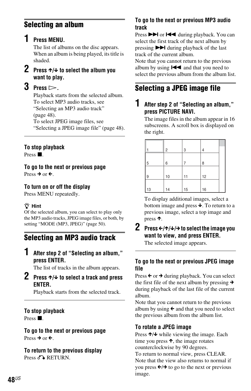 Selecting an album, Selecting an mp3 audio track, Selecting a jpeg image file | Sony DVP-NS700H User Manual | Page 48 / 88