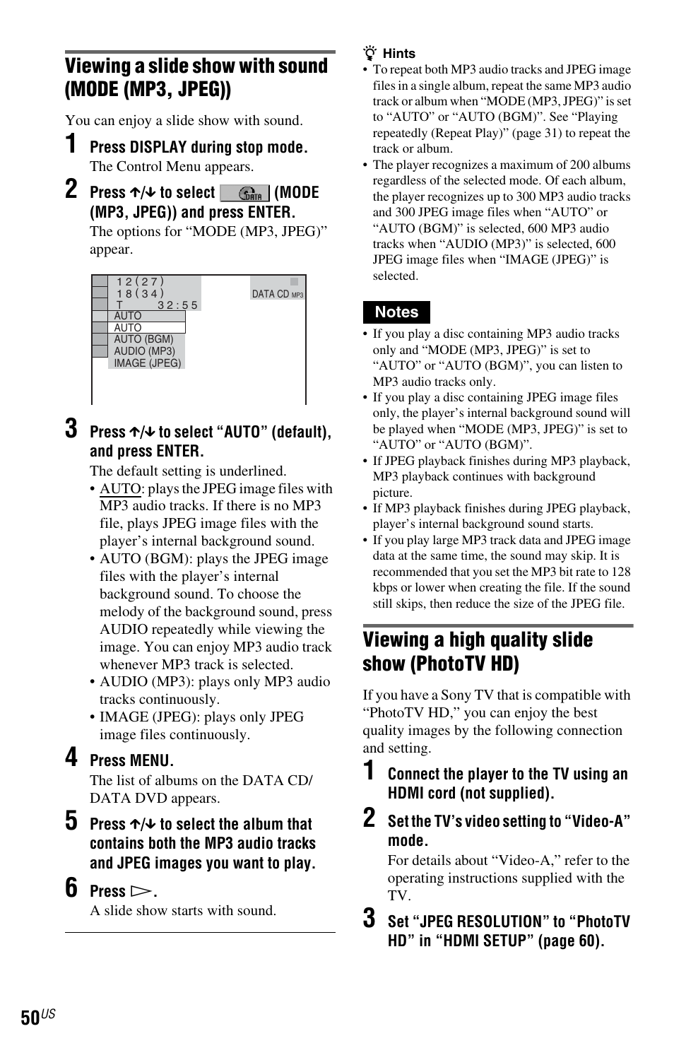 Viewing a slide show with sound (mode (mp3, jpeg)), Viewing a high quality slide show (phototv hd) | Sony DVP-NS700H User Manual | Page 50 / 88