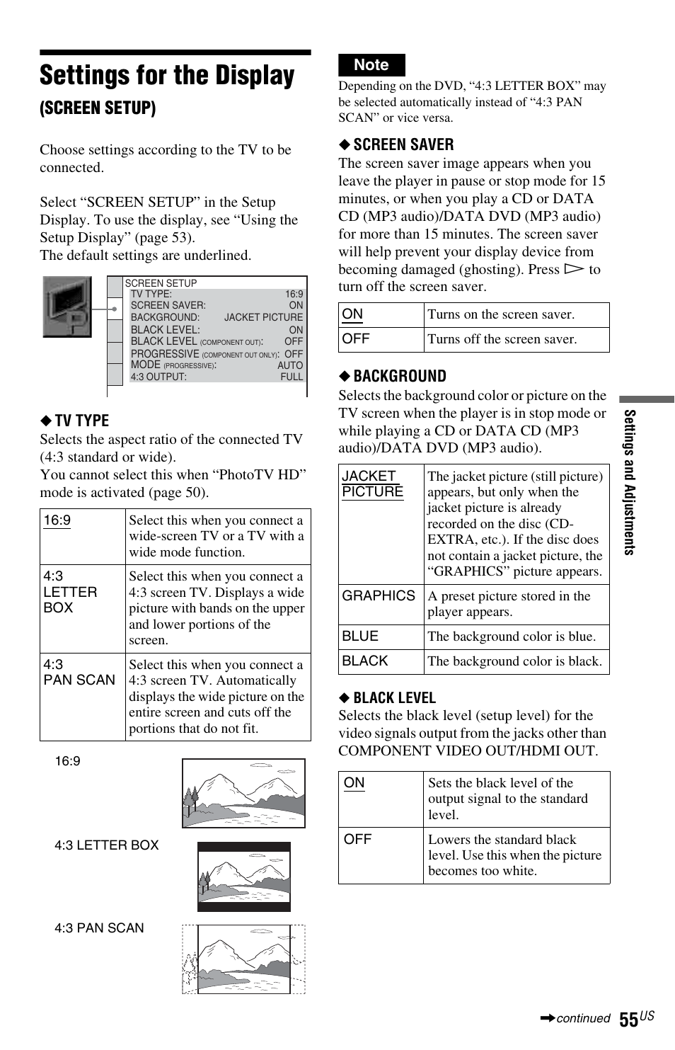 L1 - settings for the display (screen setup), Settings for the display (s, Settings for the display | Screen setup), Tv type, Screen saver, Background | Sony DVP-NS700H User Manual | Page 55 / 88