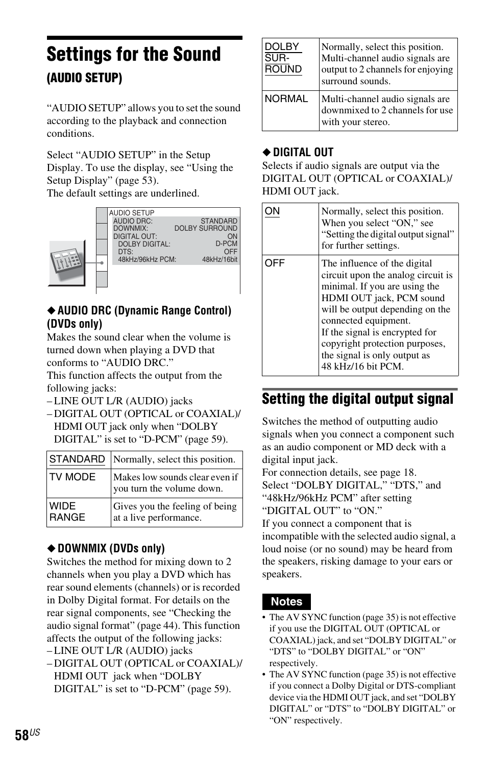 L1 - settings for the sound (audio setup), Settings for the sound (a, Settings for the sound | Setting the digital output signal, Audio setup) | Sony DVP-NS700H User Manual | Page 58 / 88