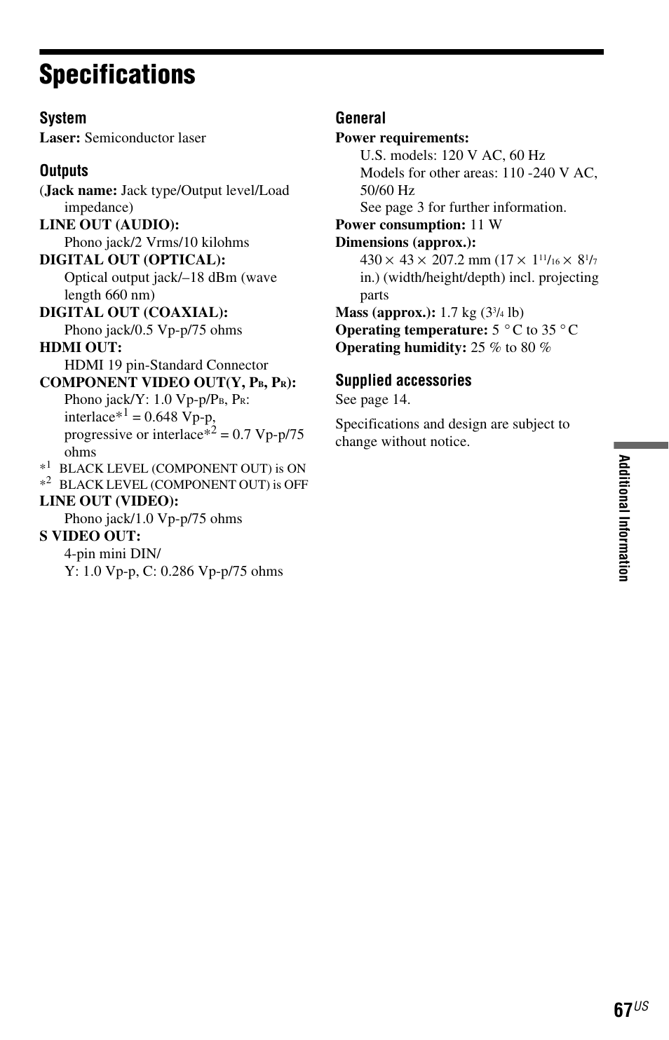 L1ac - specifications, Specifications | Sony DVP-NS700H User Manual | Page 67 / 88