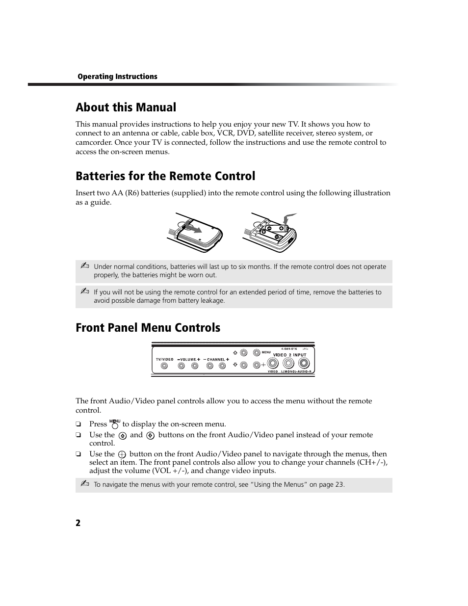 About this manual, Batteries for the remote control, Front panel menu controls | Sony WEGA KV-27FS100L User Manual | Page 10 / 55