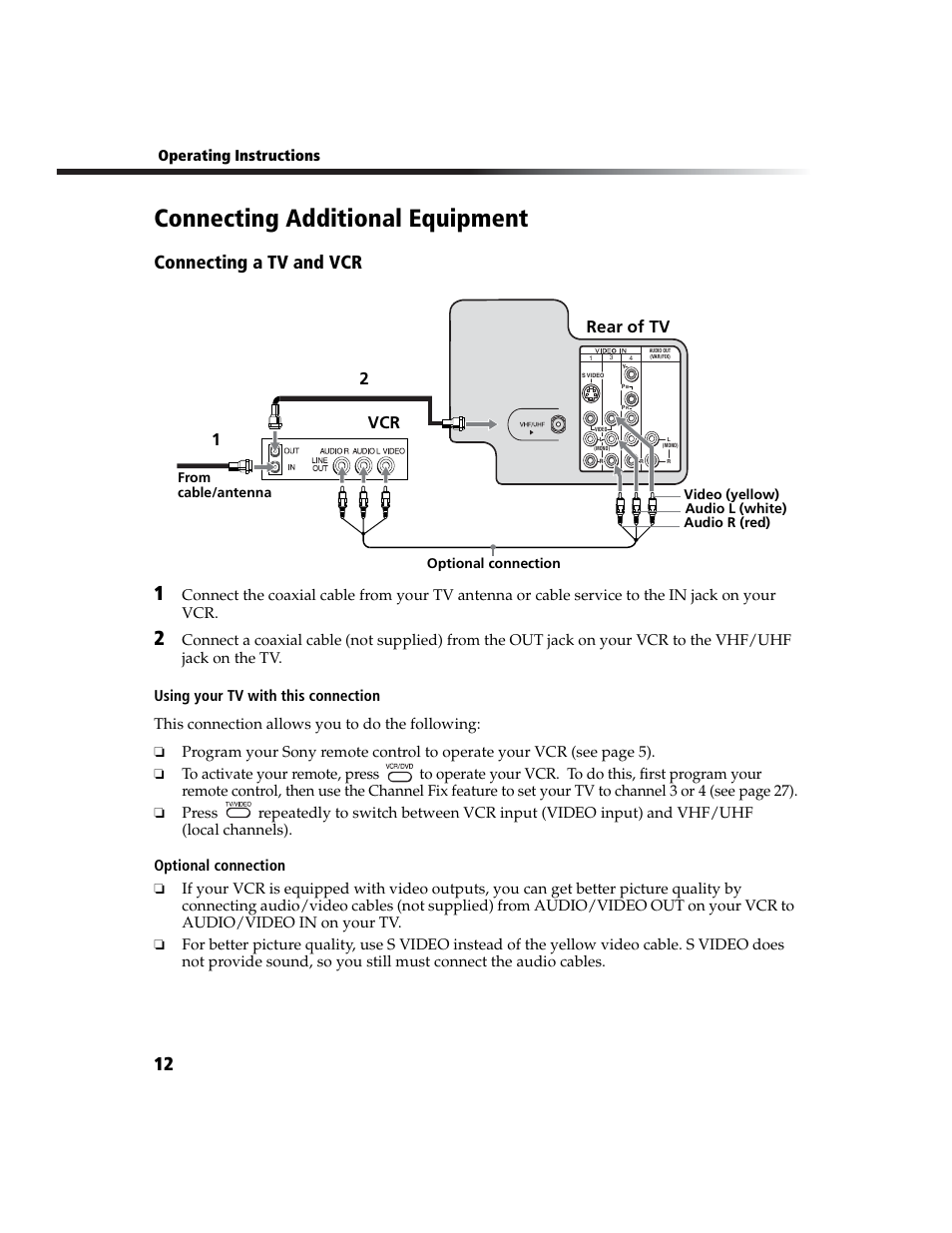 Connecting additional equipment, Connecting a tv and vcr, Vcr 2 1 | Rear of tv | Sony WEGA KV-27FS100L User Manual | Page 20 / 55