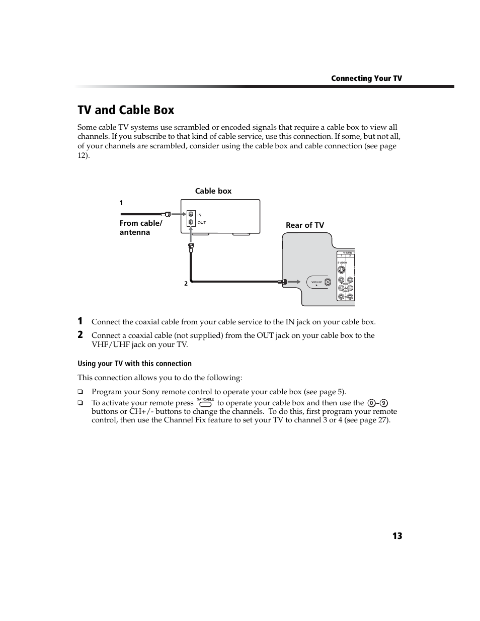 Tv and cable box, Connecting your tv, Rear of tv cable box from cable/ antenna | Sony WEGA KV-27FS100L User Manual | Page 21 / 55