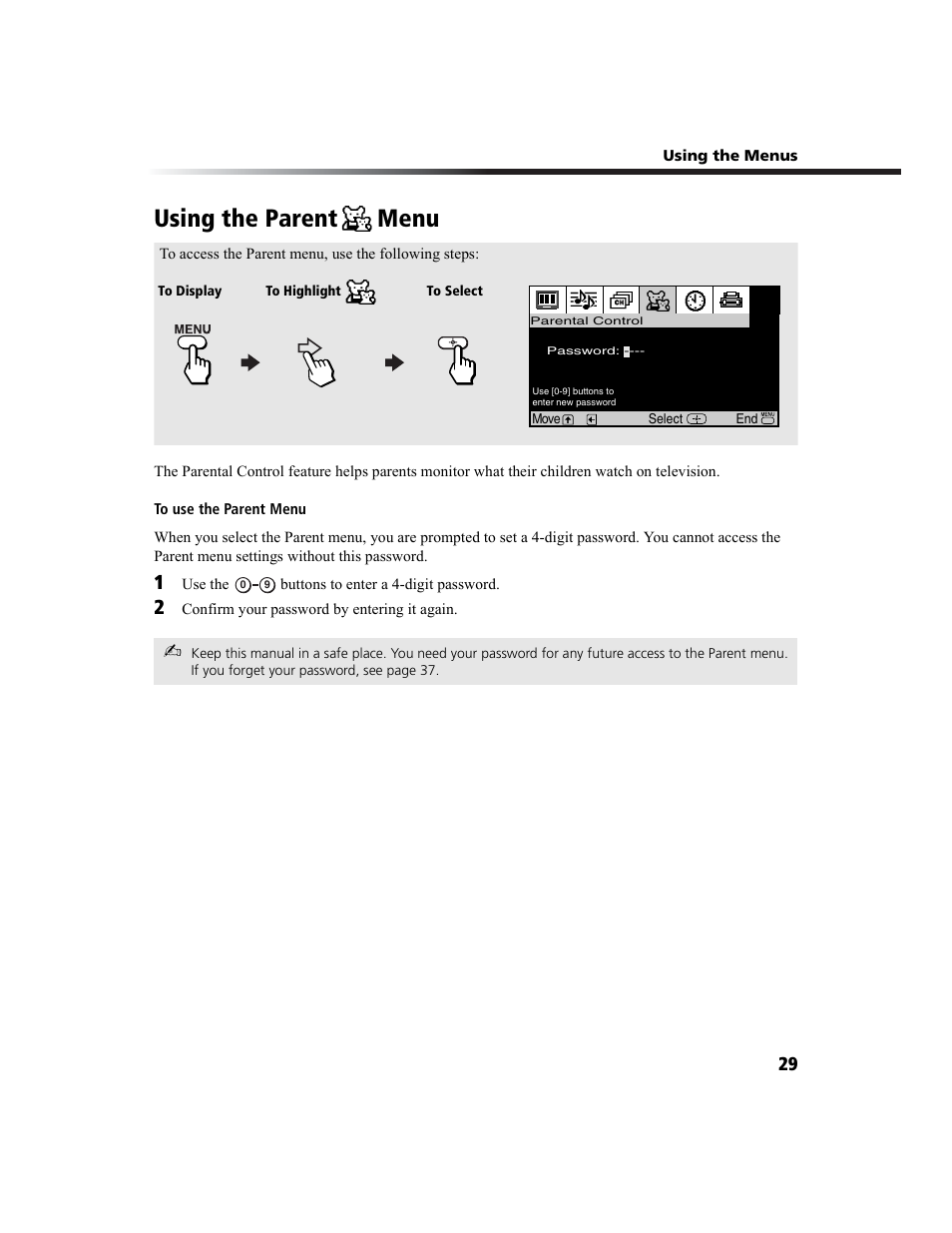 Using the parent menu, Using the parent, Menu | Sony WEGA KV-27FS100L User Manual | Page 37 / 55