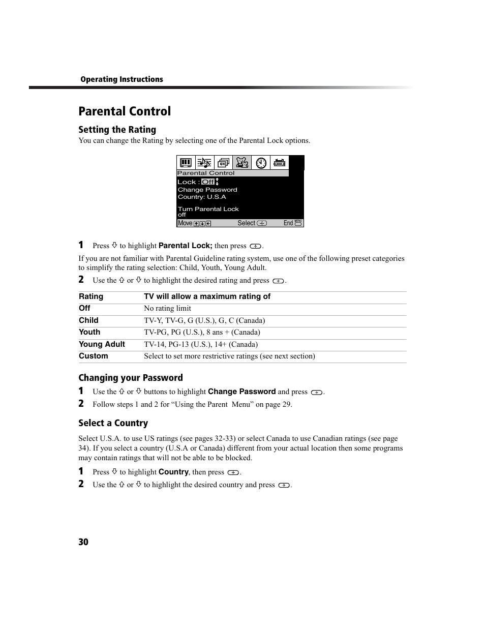 Parental control, Changing your password, Select a country | Sony WEGA KV-27FS100L User Manual | Page 38 / 55