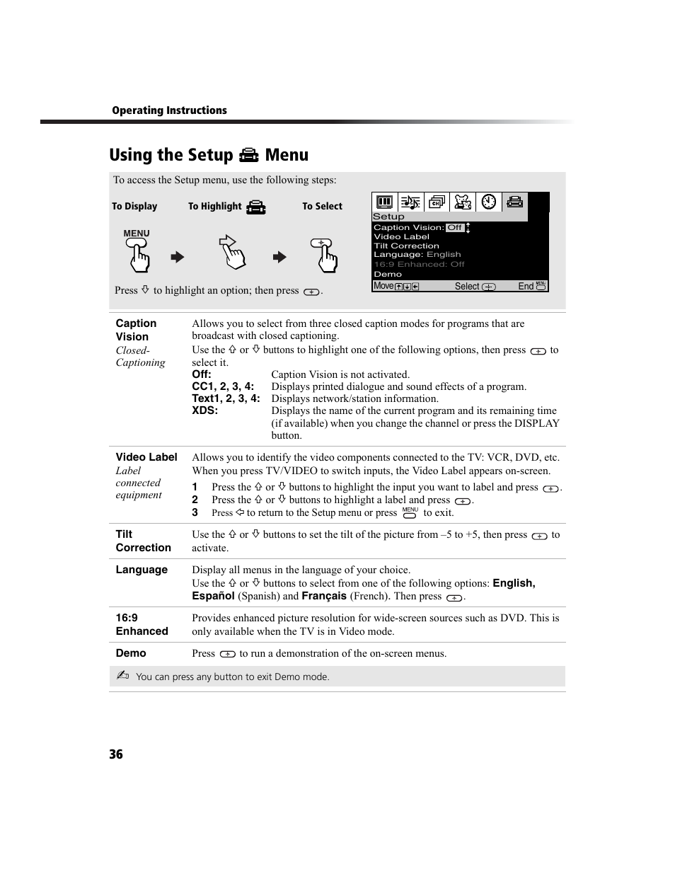 Using the setup menu | Sony WEGA KV-27FS100L User Manual | Page 44 / 55