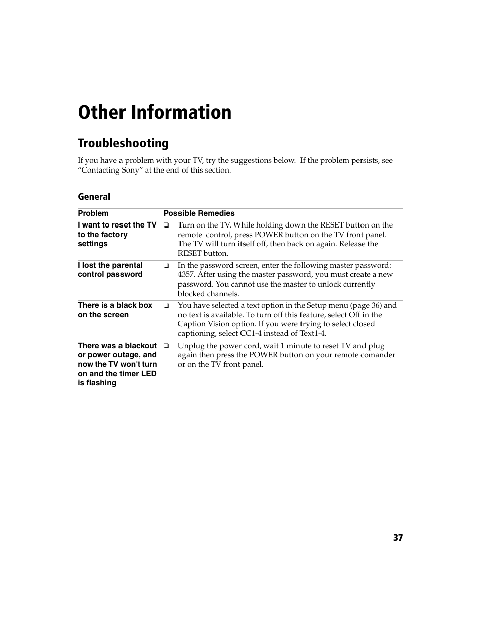 Other information, Troubleshooting | Sony WEGA KV-27FS100L User Manual | Page 45 / 55
