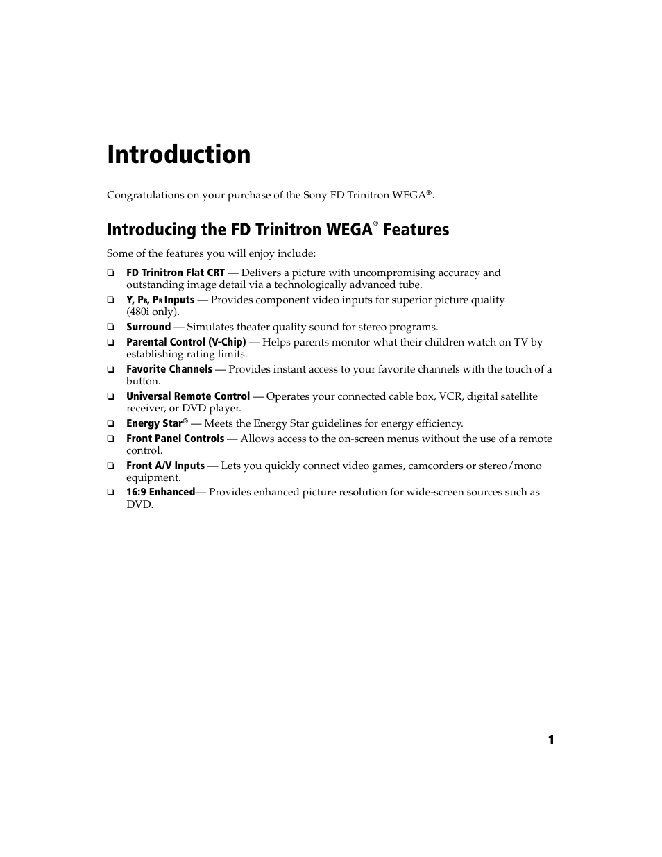 Introduction, Introducing the fd trinitron wega features | Sony WEGA KV-27FS100L User Manual | Page 9 / 55