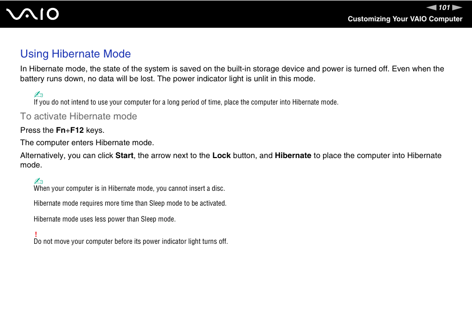 Using hibernate mode | Sony VAIO VGN-FW300 User Manual | Page 101 / 179