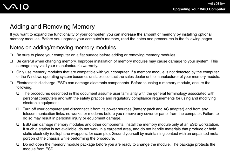 Adding and removing memory | Sony VAIO VGN-FW300 User Manual | Page 106 / 179