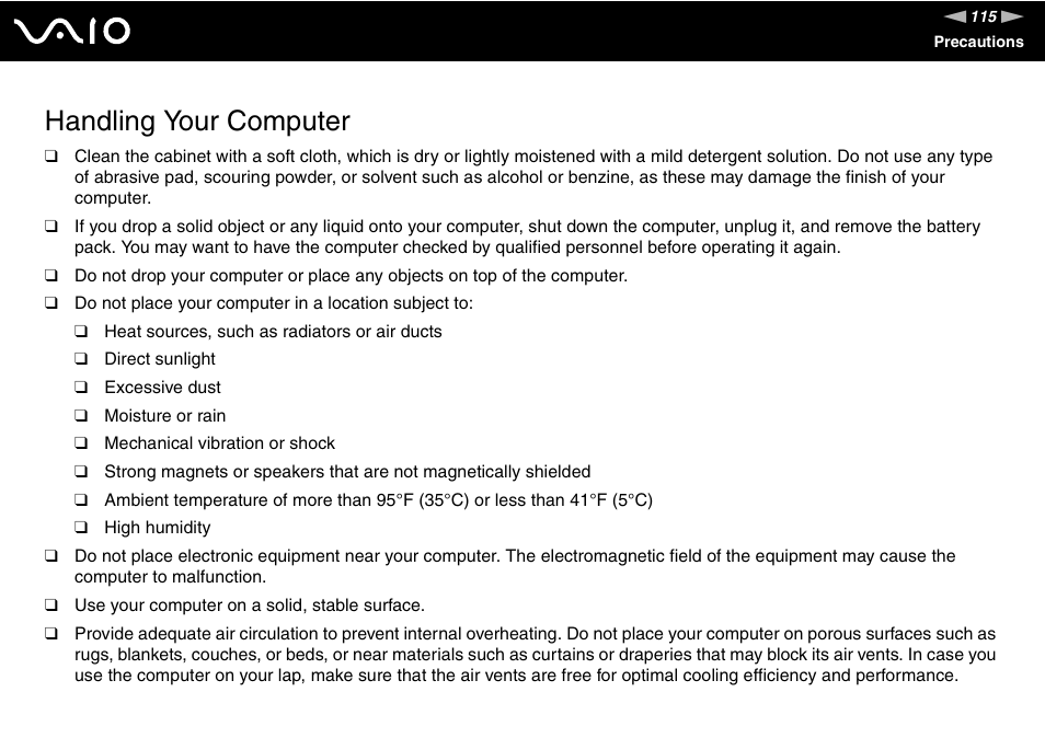 Handling your computer | Sony VAIO VGN-FW300 User Manual | Page 115 / 179