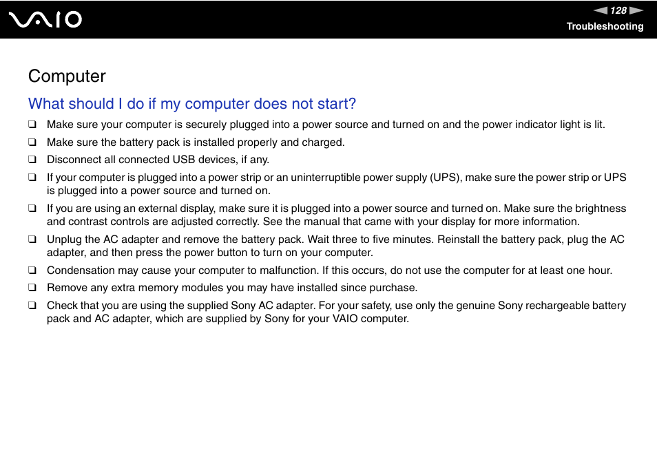 Computer, What should i do if my computer does not start | Sony VAIO VGN-FW300 User Manual | Page 128 / 179