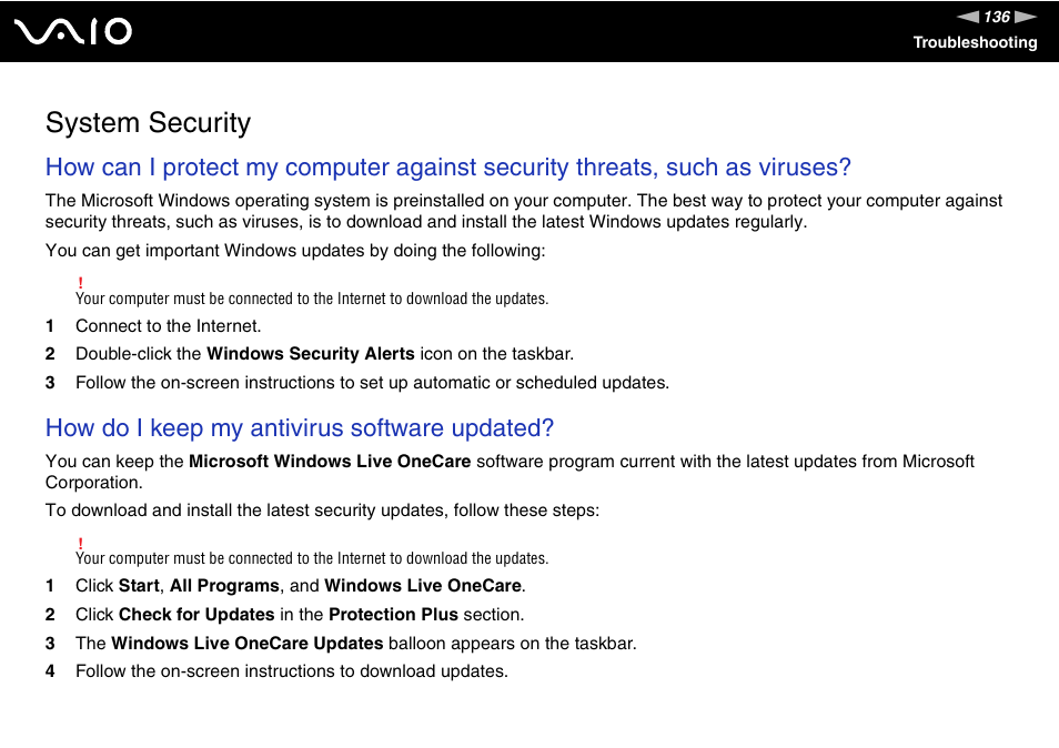 System security, How do i keep my antivirus software updated | Sony VAIO VGN-FW300 User Manual | Page 136 / 179