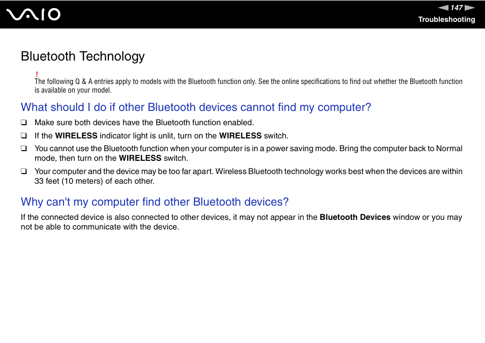 Bluetooth technology, Why can't my computer find other bluetooth devices | Sony VAIO VGN-FW300 User Manual | Page 147 / 179