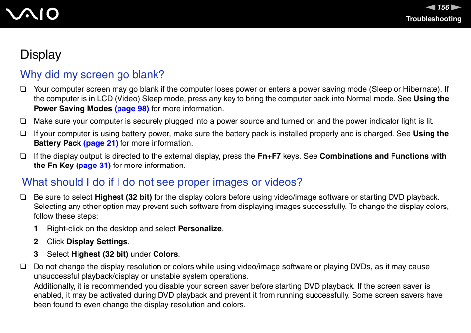 Display, Why did my screen go blank | Sony VAIO VGN-FW300 User Manual | Page 156 / 179