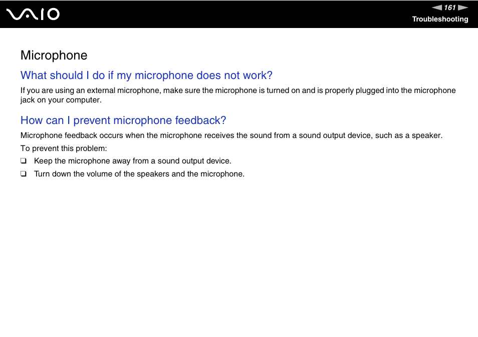 Microphone, What should i do if my microphone does not work, How can i prevent microphone feedback | Sony VAIO VGN-FW300 User Manual | Page 161 / 179