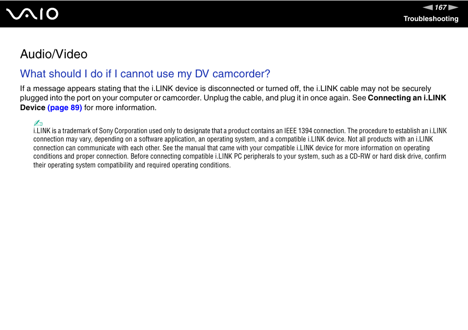 Audio/video, What should i do if i cannot use my dv camcorder | Sony VAIO VGN-FW300 User Manual | Page 167 / 179